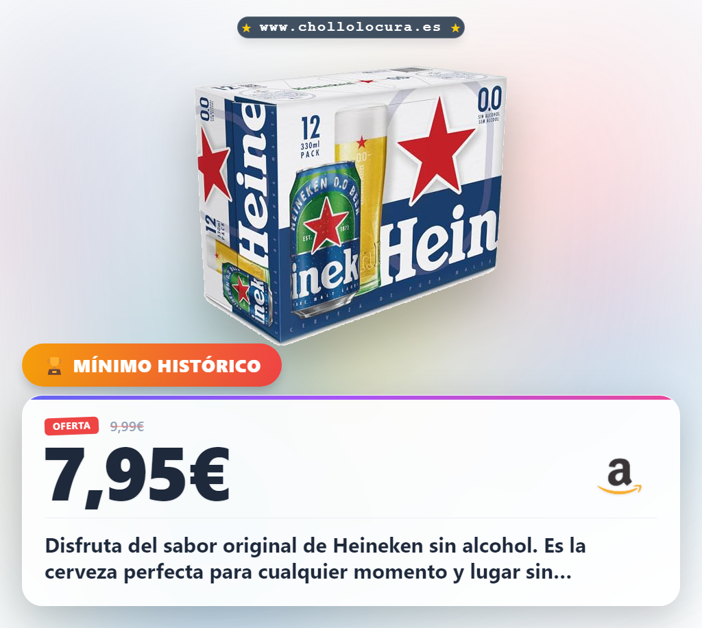 Aprovecha Heineken 0.0% Alcohol 12x33cl. Disfruta el sabor original a precio de chollo y sin comprometer tu estilo de vida.