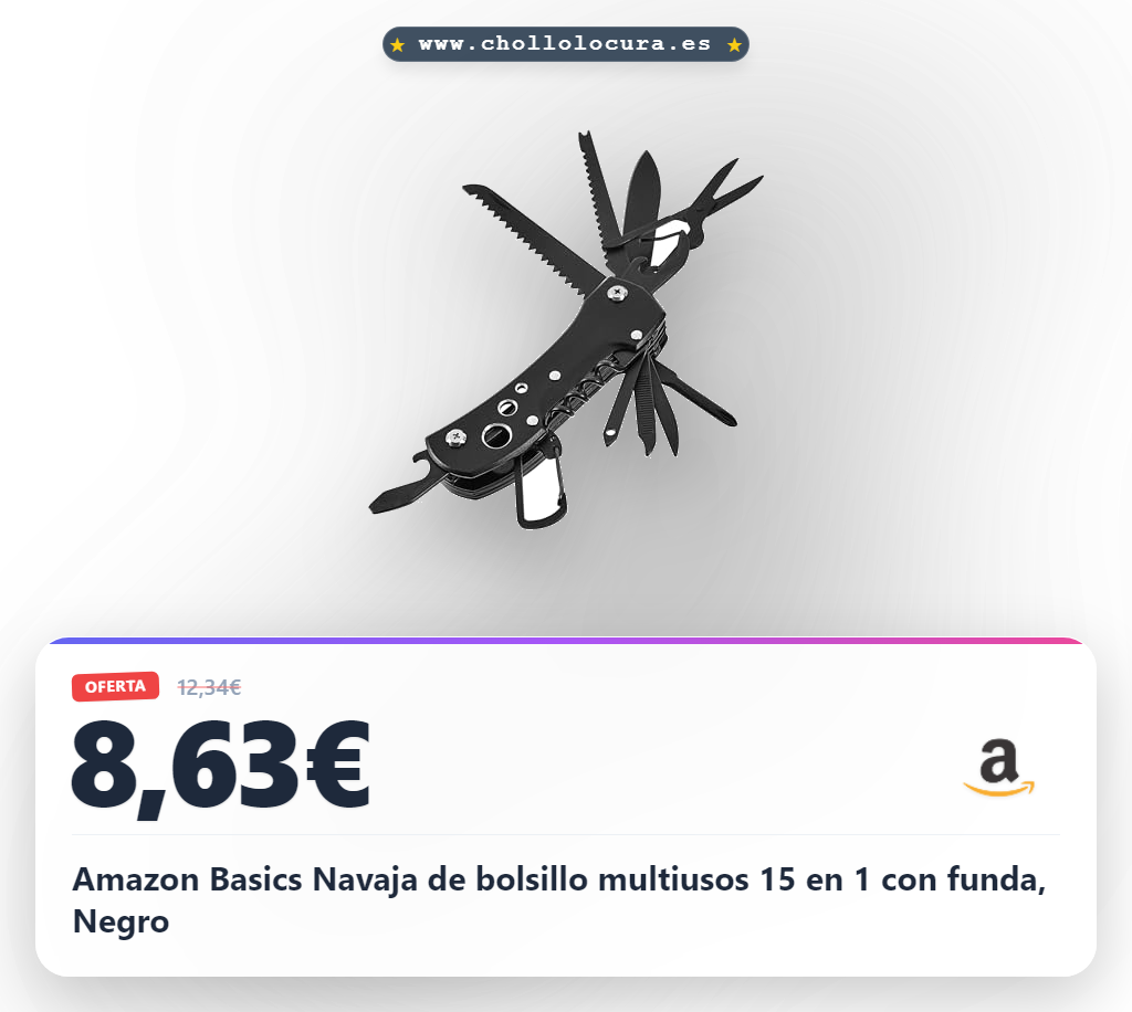 Amazon Basics Navaja de bolsillo multiusos 15 en 1 con funda, Negro