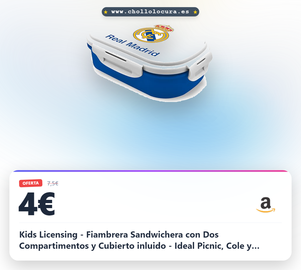 Kids Licensing - Fiambrera Sandwichera con Dos Compartimentos y Cubierto inluido - Ideal Picnic, Cole y Excursiones - Modelo Real Madrid