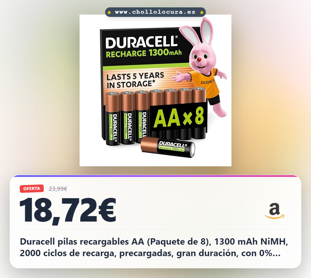 Duracell pilas recargables AA (Paquete de 8), 1300 mAh NiMH, 2000 ciclos de recarga, precargadas, gran duración, con 0% plástico 100% embalaje reciclable