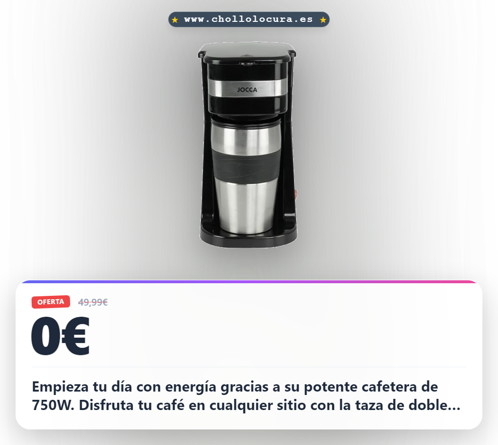Consigue la cafetera goteo Jocca 750W con filtro reutilizable y taza térmica de 420 ml para viajes.