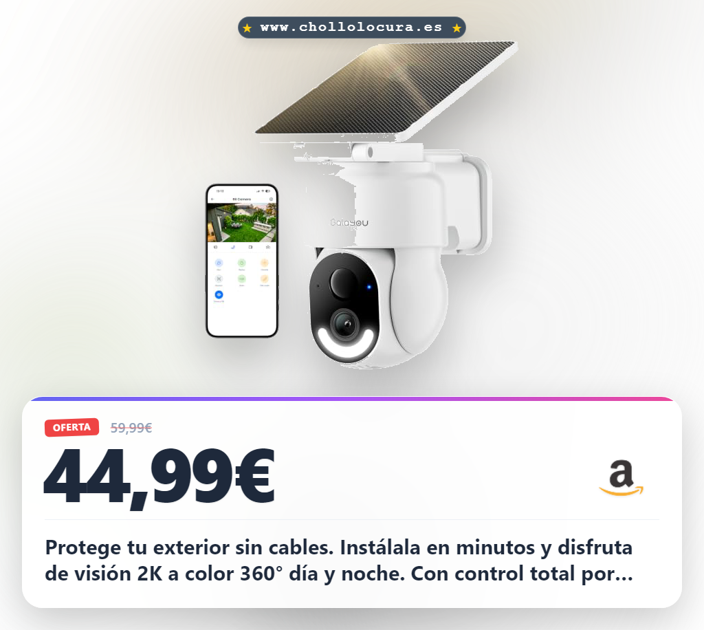 Consigue la cámara exterior solar 2K WiFi IP65. Disfruta control 360° y fácil instalación.