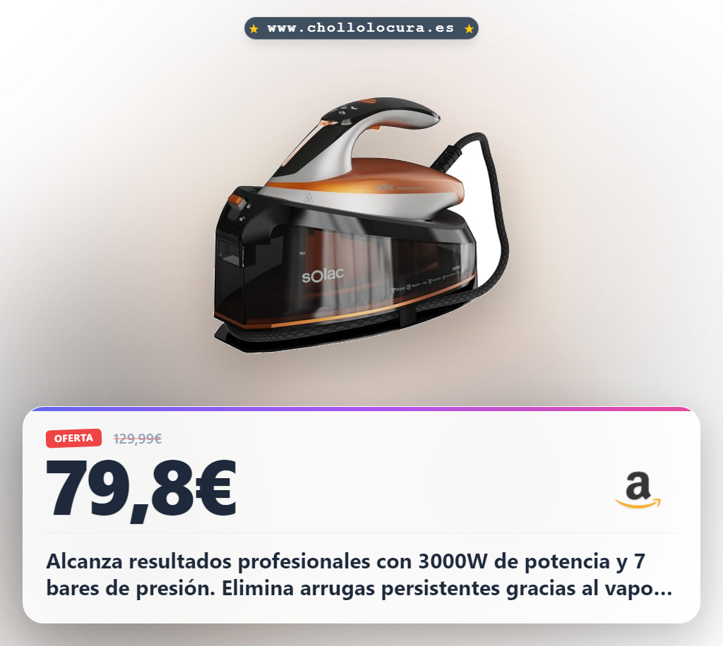 Aprovecha el centro de planchado Solac 3000W 7 bares y vapor continuo. Máxima potencia y antigoteo en oferta.