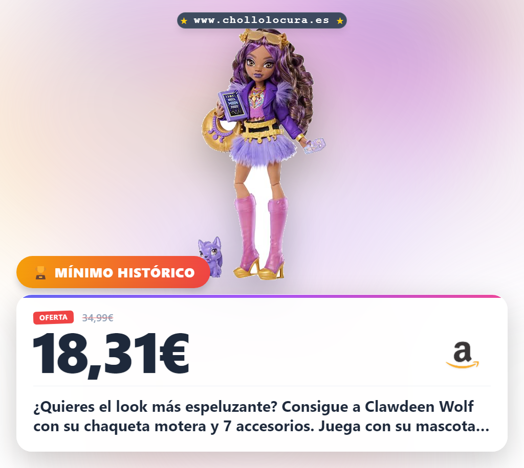 Aprovecha la muñeca Clawdeen Wolf Monster High con chaqueta motera y accesorios completos al mejor precio