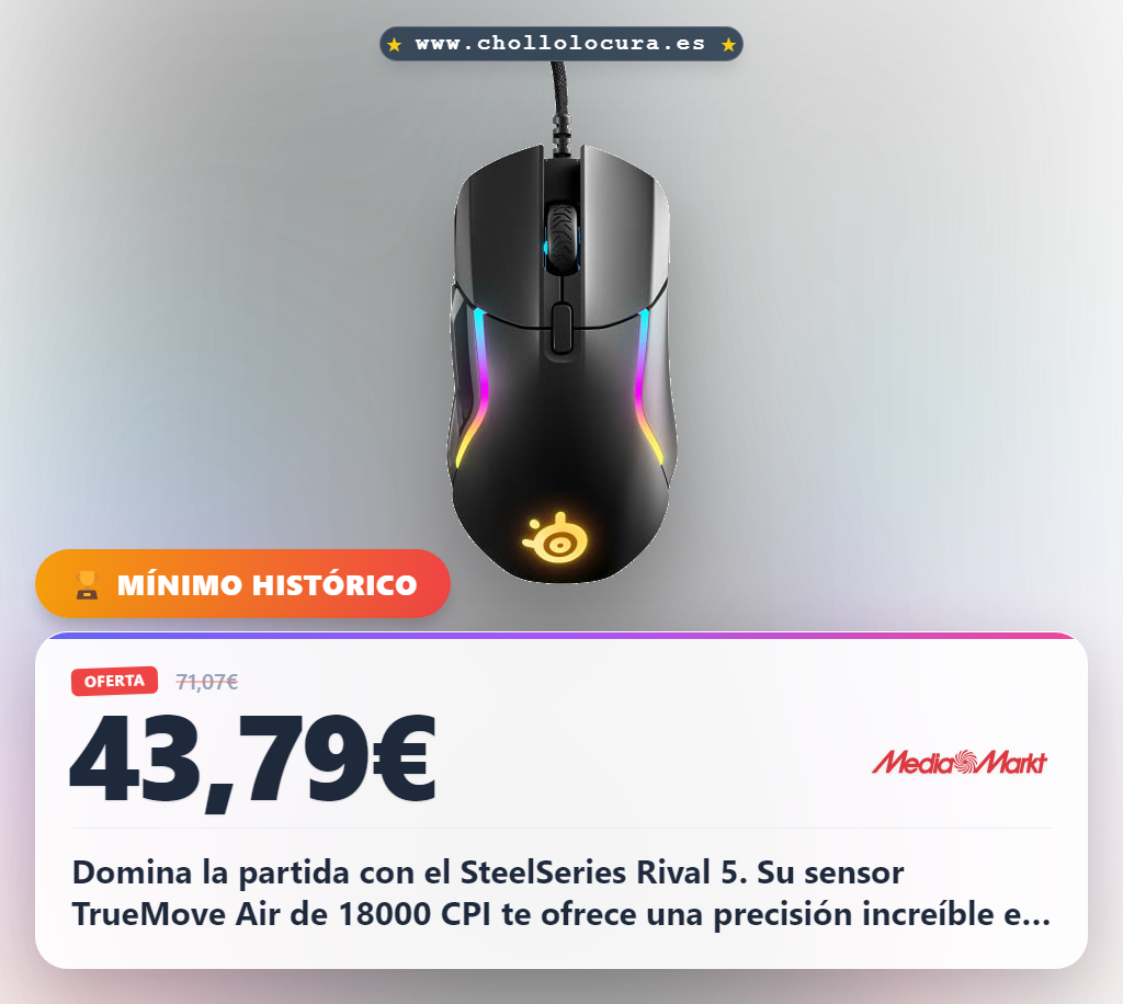 Consigue el ratón SteelSeries Rival 5 con sensor TrueMove Air 18000 CPI y 9 botones a precio de chollo para ganar hoy.