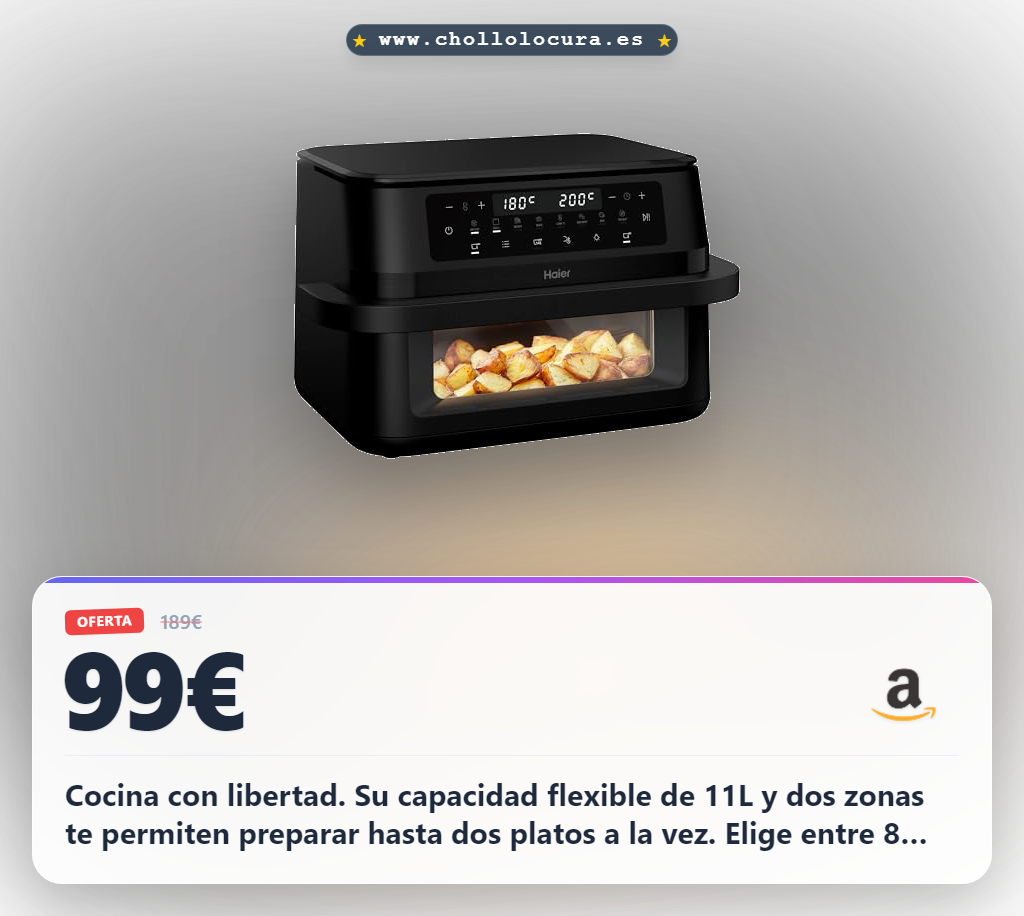 Aprovecha la Haier Freidora de Aire Flexi de 11L con divisor y 8 programas. Máxima versatilidad y cocción perfecta.
