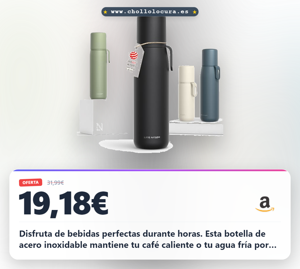 Aprovecha la botella térmica LARS NYSØM 1000ml de acero inoxidable con taza y correa a precio de chollo