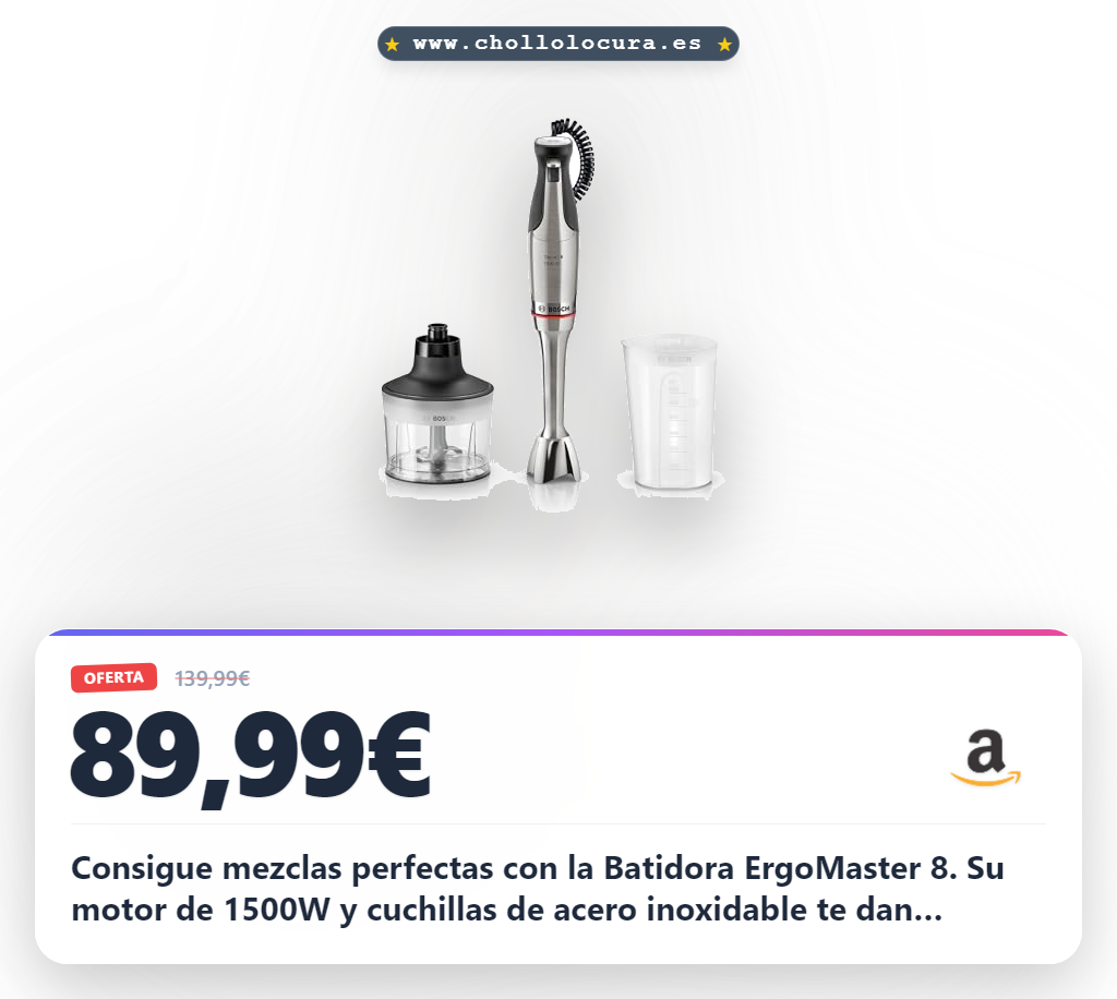 Consigue la batidora ErgoMaster 8 de 1500W con cuchilla de acero inoxidable y accesorios al mejor precio