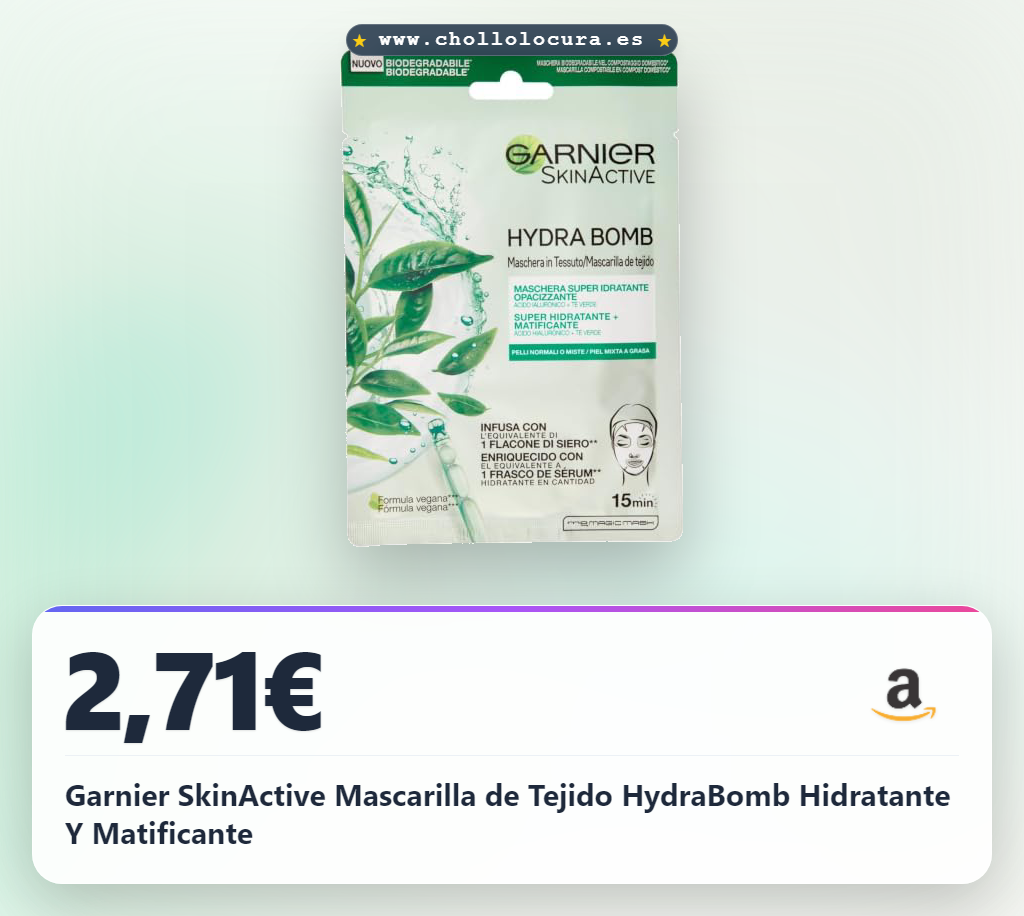 Garnier SkinActive Mascarilla de Tejido HydraBomb Hidratante Y Matificante