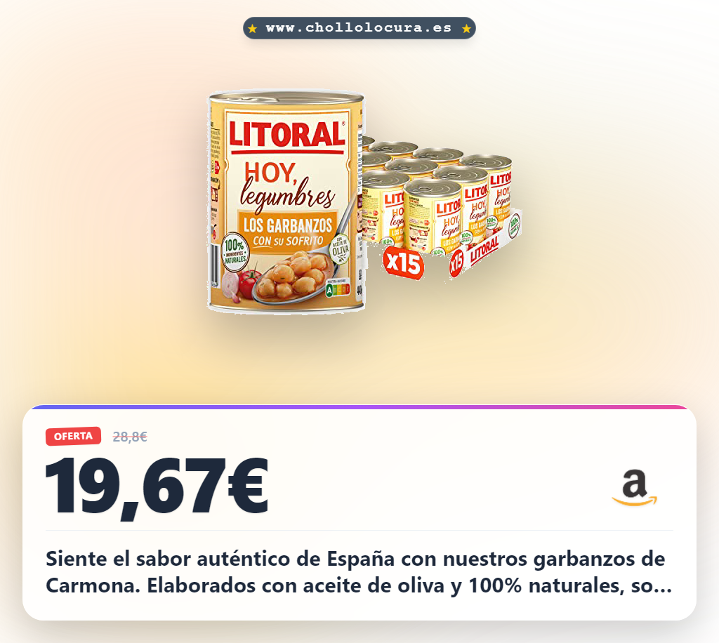 Descubre los garbanzos de la Vega de Carmona con sofrito Litoral Hoy. Ingredientes 100% naturales y sin gluten al mejor precio.
