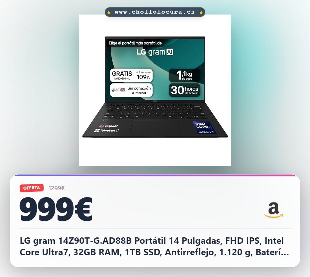 LG gram 14Z90T-G.AD88B Portátil 14 Pulgadas, FHD IPS, Intel Core Ultra7, 32GB RAM, 1TB SSD, Antirreflejo, 1.120 g, Batería hasta 30h, Windows 11, Negro