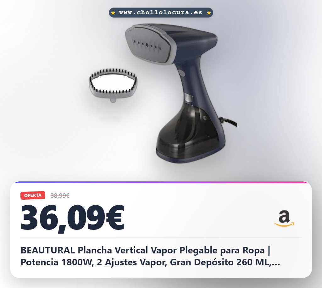 BEAUTURAL Plancha Vertical Vapor Plegable para Ropa | Potencia 1800W, 2 Ajustes Vapor, Gran Depósito 260 ML, Protección Agua Baja, Apagado Automático, para Viaje y Uso Doméstico