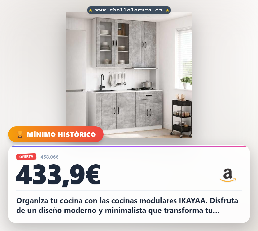 Descubre las cocinas completas modulares IKAYAA de madera gris hormigón con almacenamiento amplio y diseño moderno