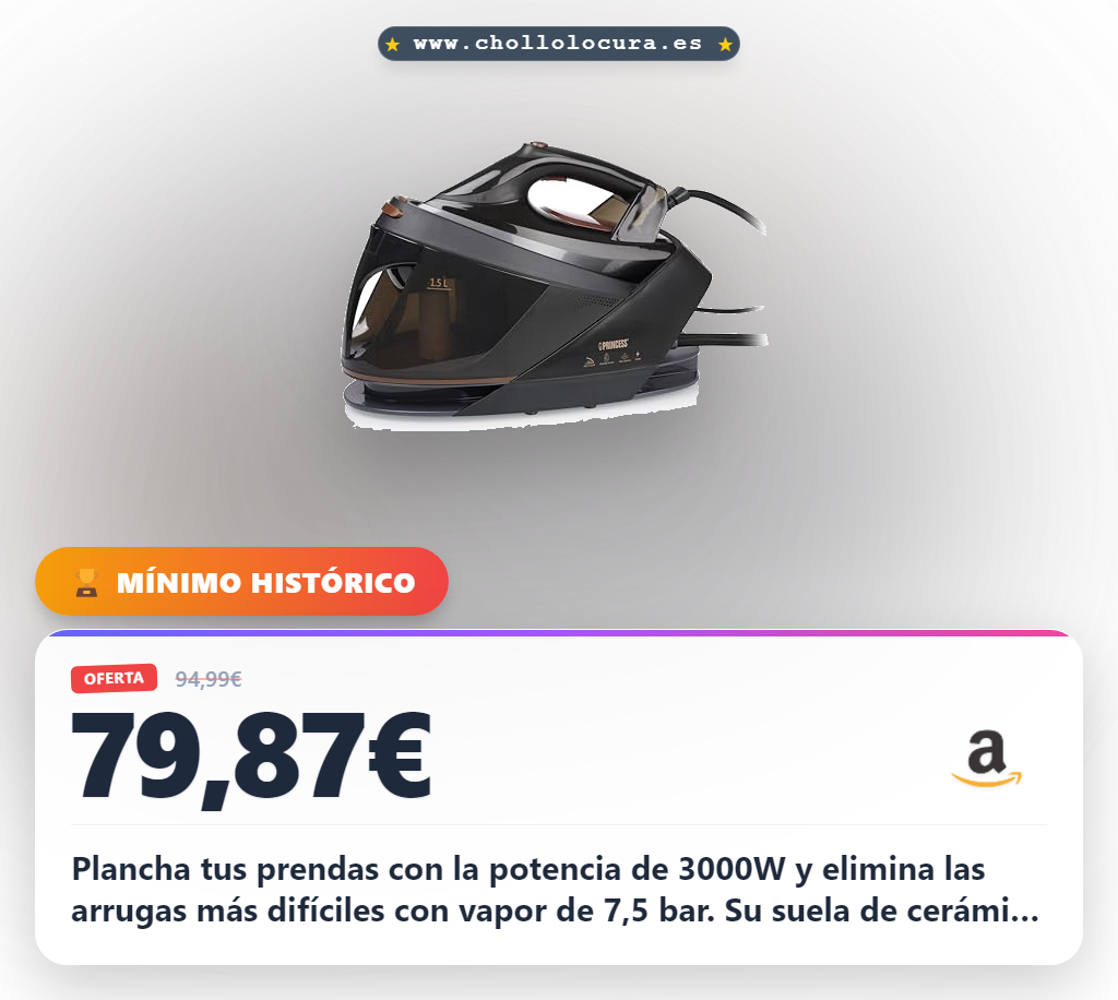 Consigue la plancha Princess de 3000 W con 7.5 bar y vapor continuo. Depósito extraíble y suela de cerámica a precio de chollo.