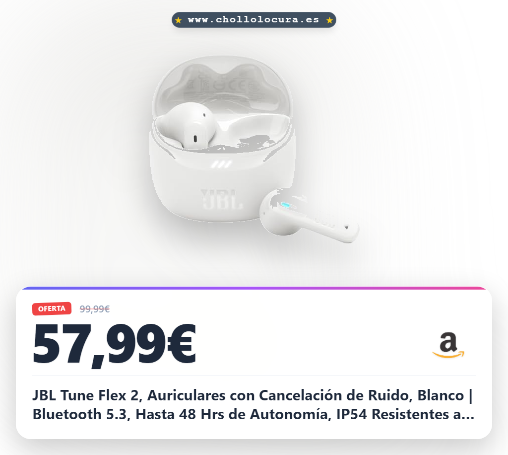JBL Tune Flex 2, Auriculares con Cancelación de Ruido, Blanco | Bluetooth 5.3, Hasta 48 Hrs de Autonomía, IP54 Resistentes al Agua y al Polvo, Diseño Ergonómico