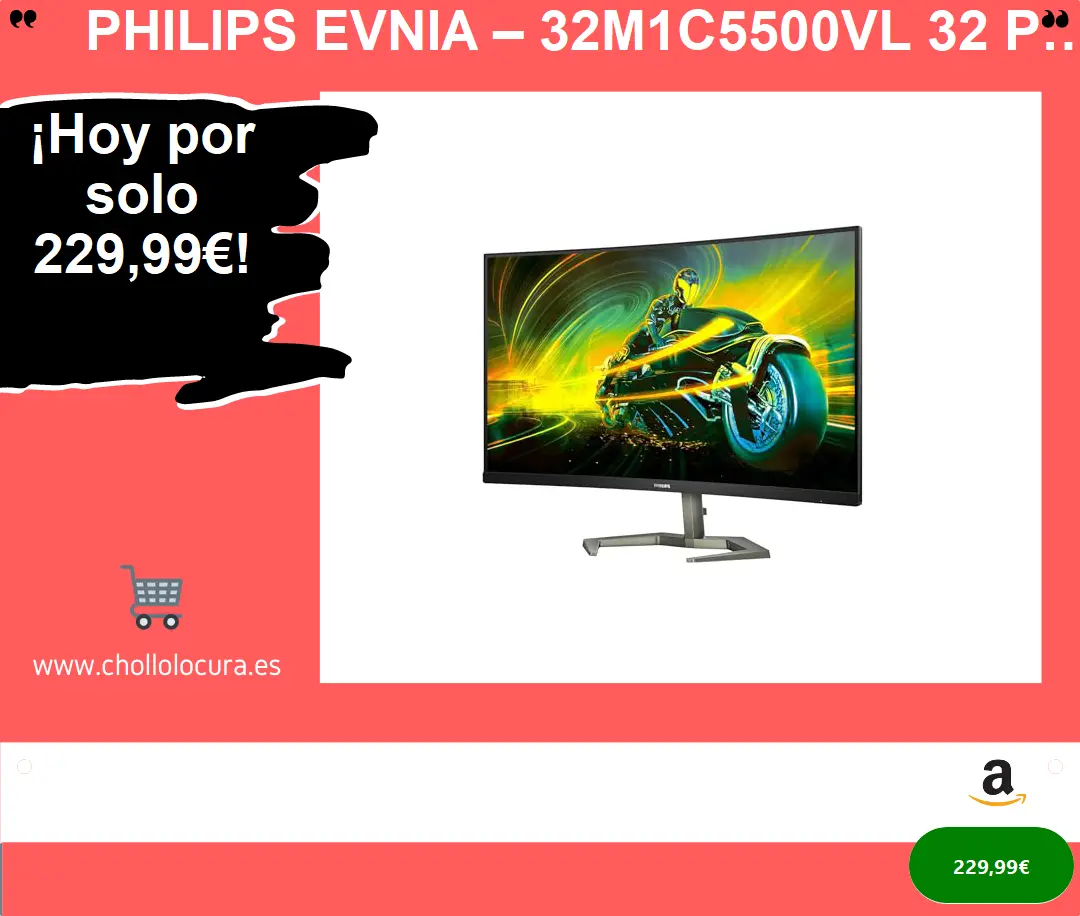 Philips Evnia – 32M1C5500Vl 32 Pulgadas Gaming Qhd Monitor Curvo, Va, 165Hz, 1Ms, HDR, Vesa 100 (2560 x 1440 @ 165Hz, 250 CD/M² HDMI 2.0 / DP 1.4)