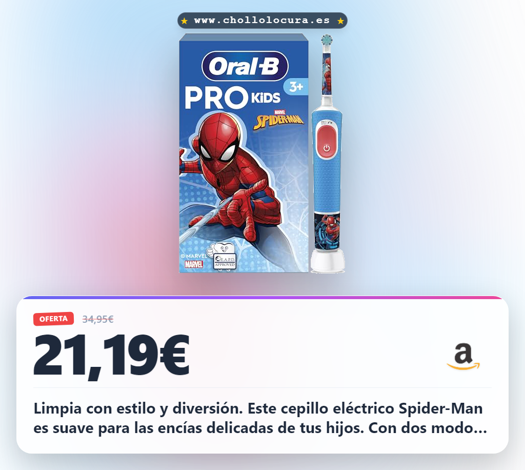 Consigue el cepillo eléctrico Spider-Man para niños de 3 a 6 años con 2 modos y batería de 3 meses