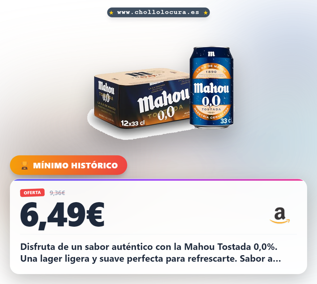 Aprovecha las 12 latas de Cerveza Mahou Tostada 0,0% alcohol al mejor precio en oferta histórica