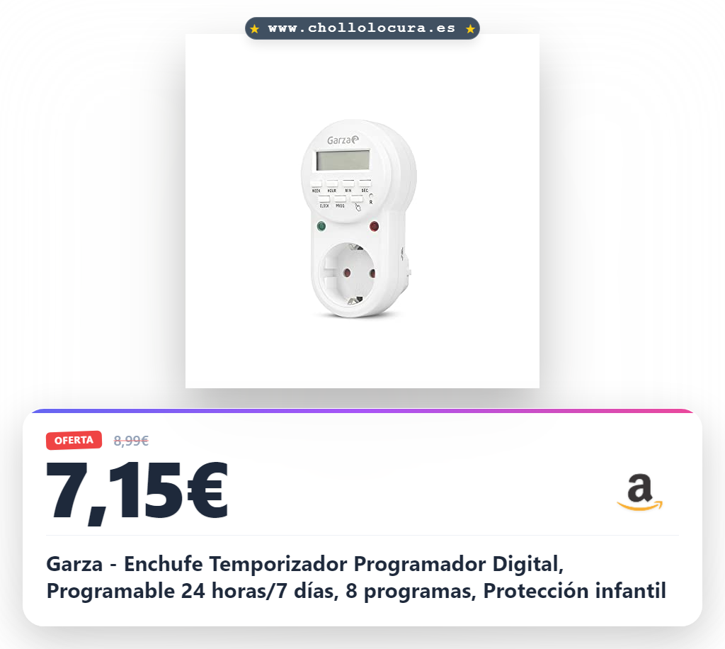 Garza - Enchufe Temporizador Programador Digital, Programable 24 horas/7 días, 8 programas, Protección infantil