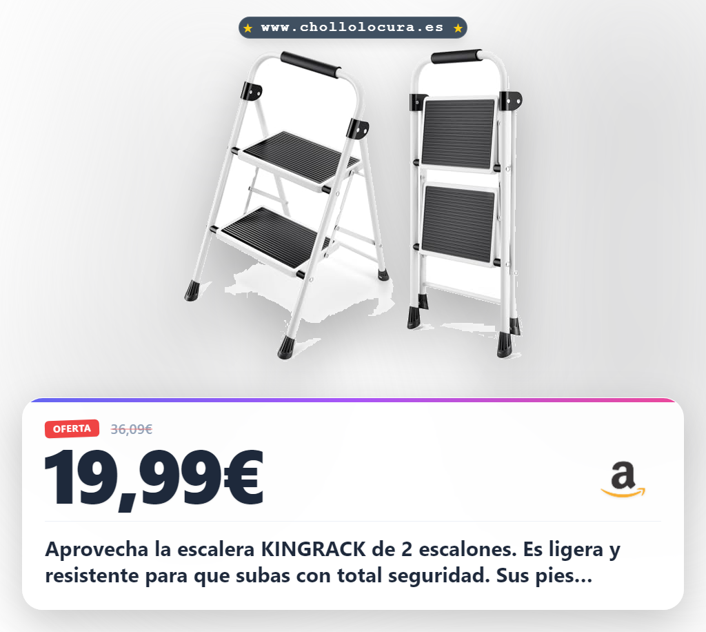 Aprovecha la escalera KINGRACK de 2 escalones plegable y antideslizante. Ligera y resistente en oferta de chollo hoy mismo.