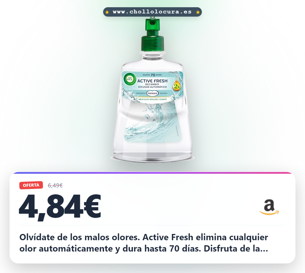 Olvídate de los malos olores. Active Fresh elimina cualquier olor automáticamente y dura hasta 70 días. Disfruta de la fragancia Nenuco con aceites esenciales naturales. Es la solución perfecta para mantener tu hogar fresco, limpio y libre de químicos.