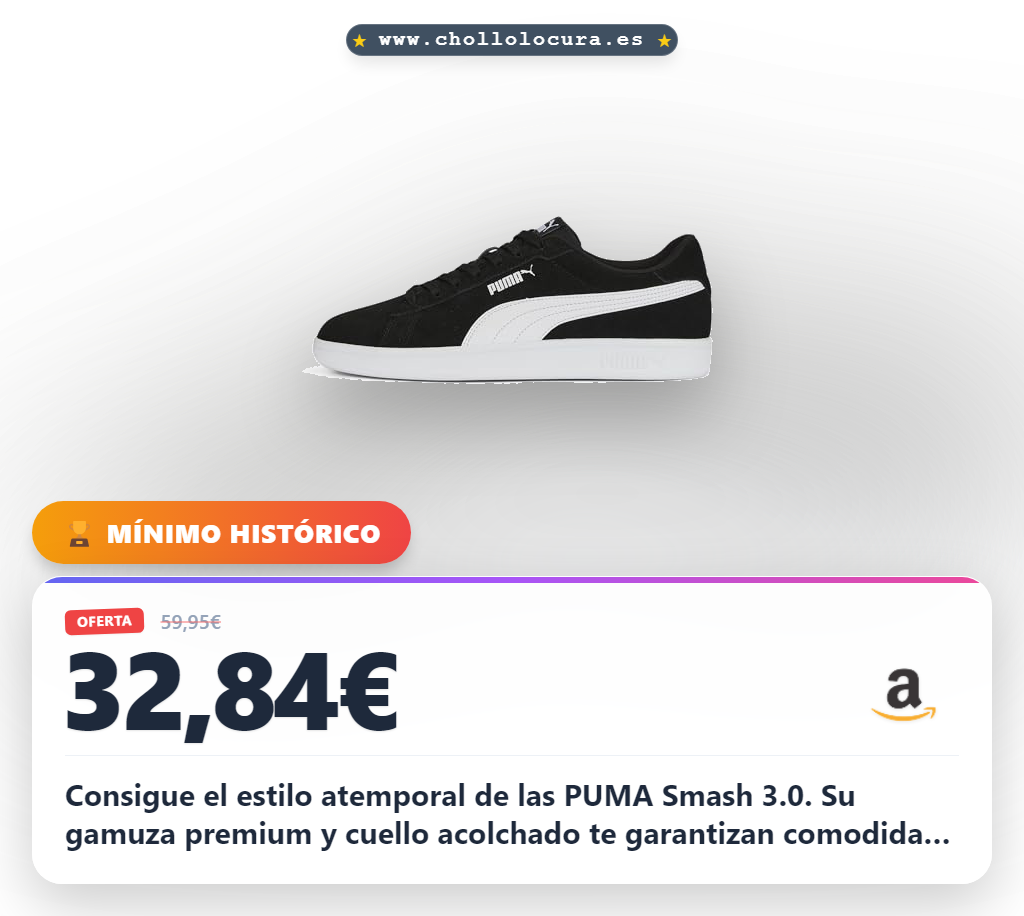 Obtén las zapatillas PUMA Smash 3.0 unisex en gamuza negra y blanca al mejor precio, con cuello acolchado y diseño clásico.