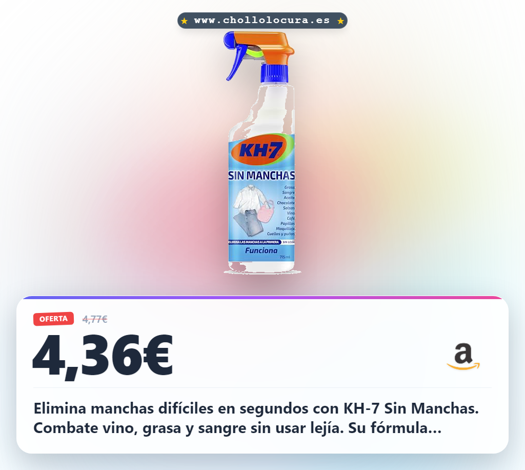Elimina manchas difíciles en segundos con KH-7 Sin Manchas. Combate vino, grasa y sangre sin usar lejía. Su fórmula enzimática cuida tus tejidos mientras eliminas cualquier mancha, incluso las más incrustadas. Pulveriza y espera 5 minutos para ver el resultado.
