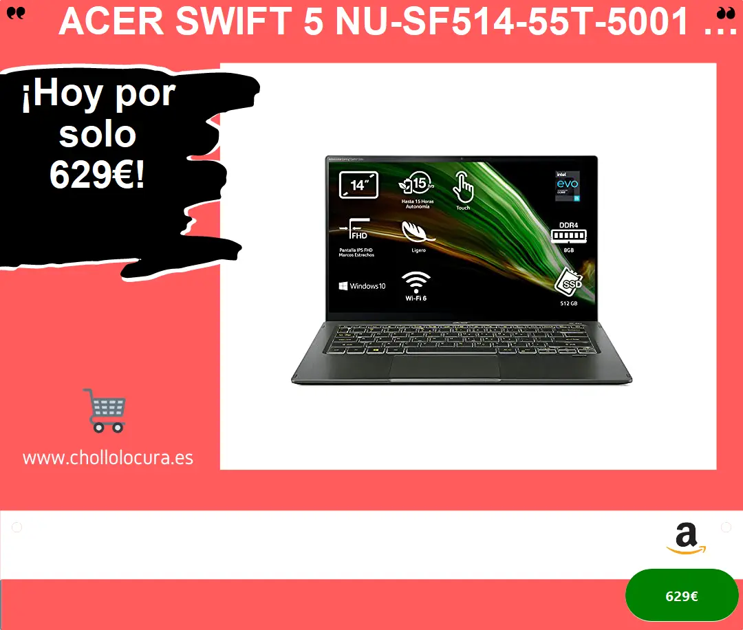 Acer Swift 5 NU-SF514-55T-5001 - Ordenador Portátil 14" Full HD, Laptop (Intel Core i5-1135G7, 8GB RAM, 512GB SSD, Intel Evo, Iris Xe Graphics, Windows 10 Home), PC Portátil Color Negro - QWERTY