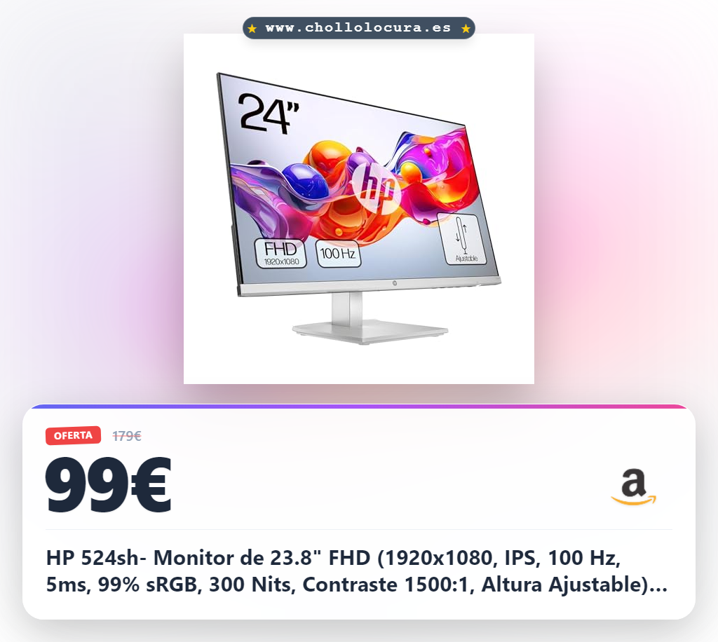 HP 524sh- Monitor de 23.8" FHD (1920x1080, IPS, 100 Hz, 5ms, 99% sRGB, 300 Nits, Contraste 1500:1, Altura Ajustable) Negro con Soporte Plateado