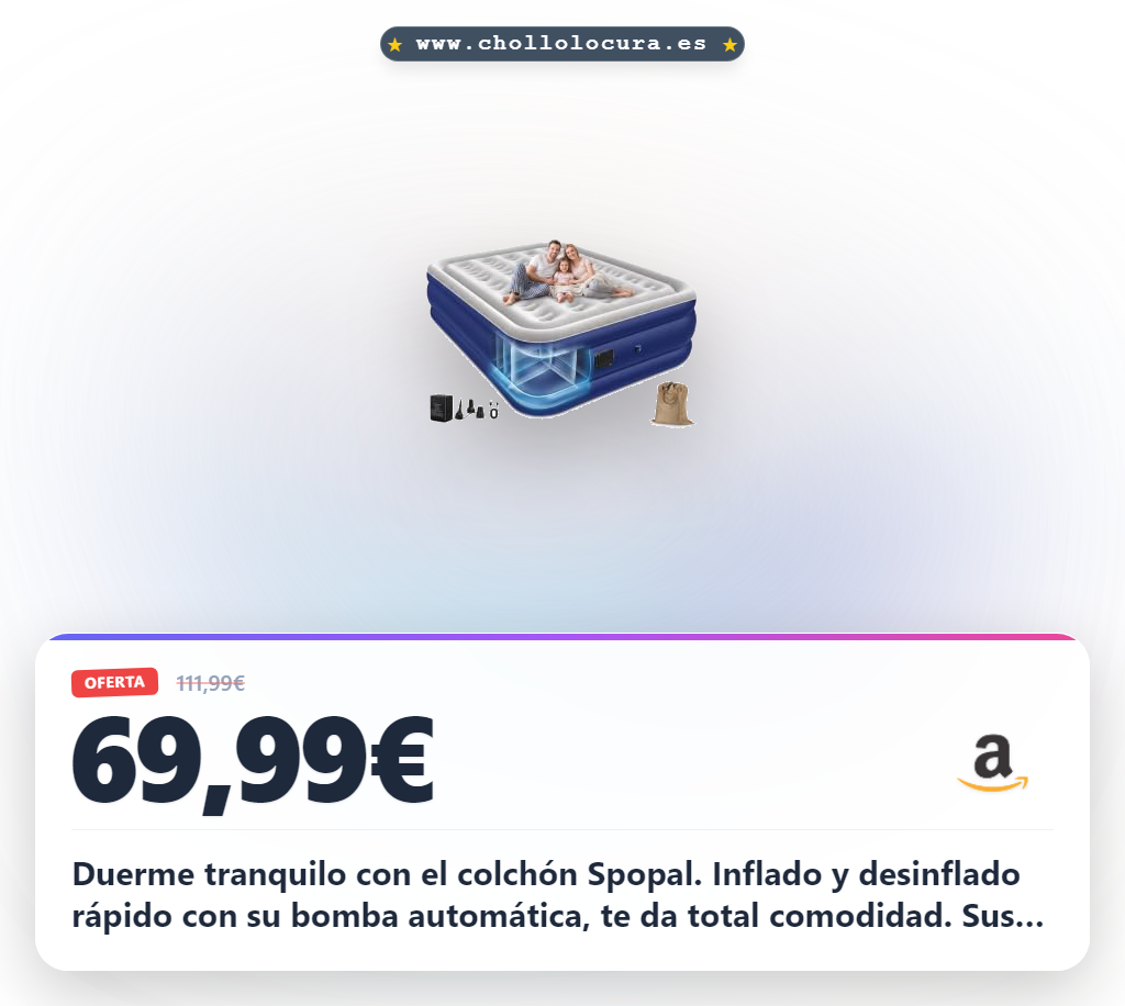 Aprovecha este colchón hinchable Spopal Queen 200x152cm con bomba automática y almacenamiento a precio de chollo