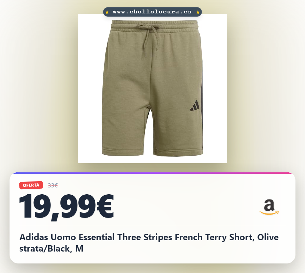 Adidas Uomo Essential Three Stripes French Terry Short, Olive strata/Black, M