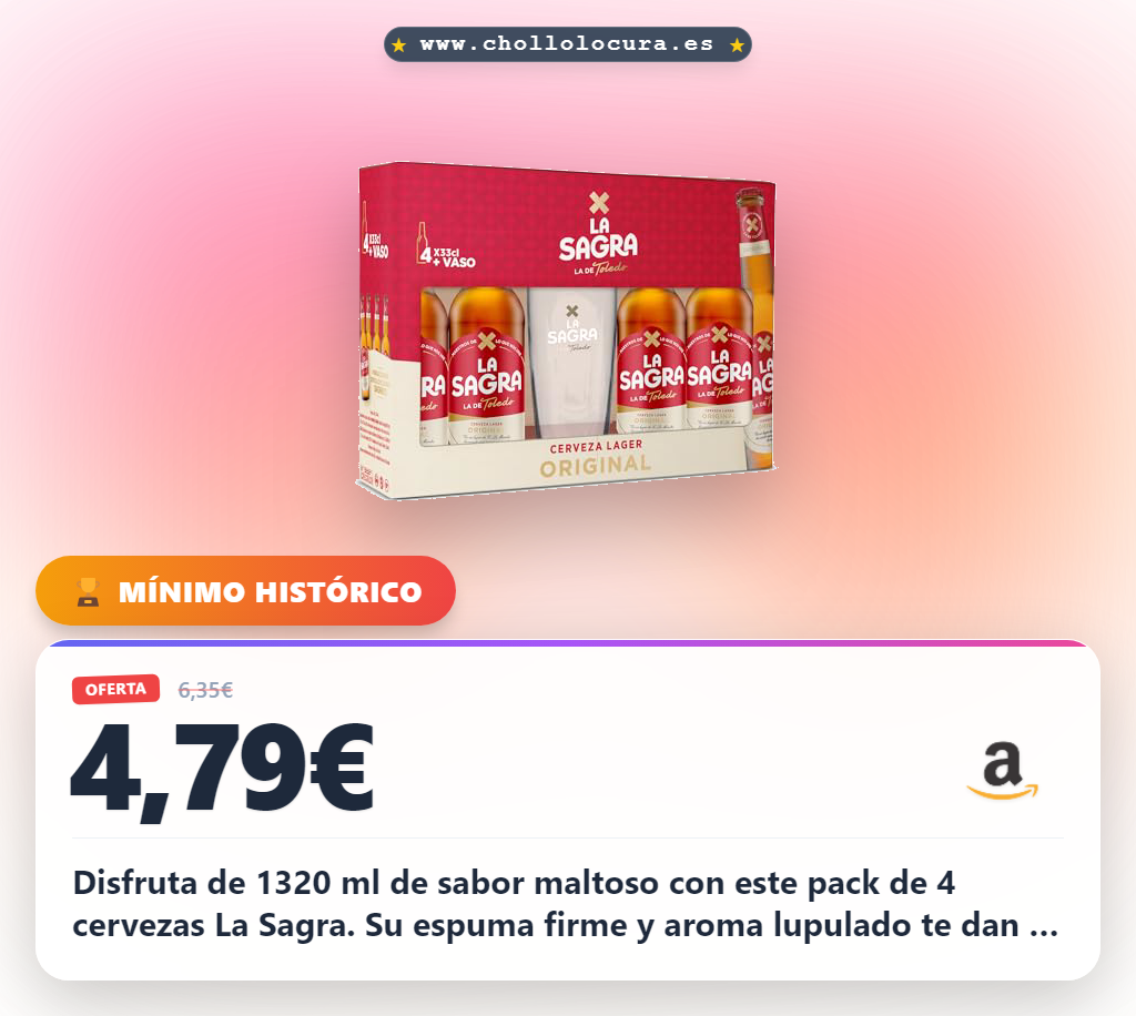 Ahorra en el pack de 4 cervezas La Sagra Lager con vaso gratis. Sabor maltoso y espuma firme al mejor precio.