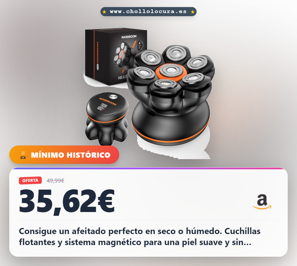 Aprovecha la afeitadora MAXGROOM para calva en seco y húmedo con cuchillas magnéticas y batería de larga duración