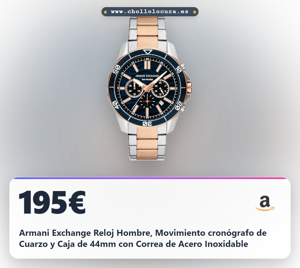 Armani Exchange Reloj Hombre, Movimiento cronógrafo de Cuarzo y Caja de 44mm con Correa de Acero Inoxidable