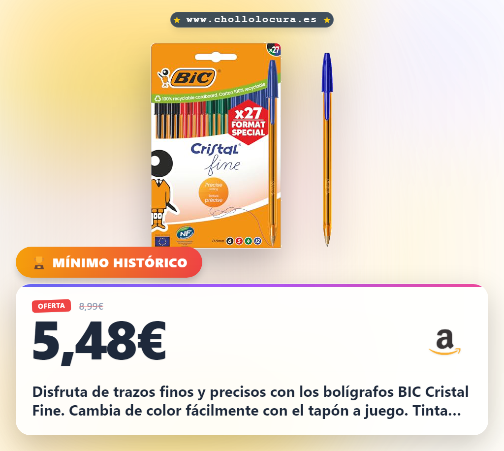 Consigue bolígrafos BIC Cristal Fine punta 0,8 mm con 4 colores en oferta histórica