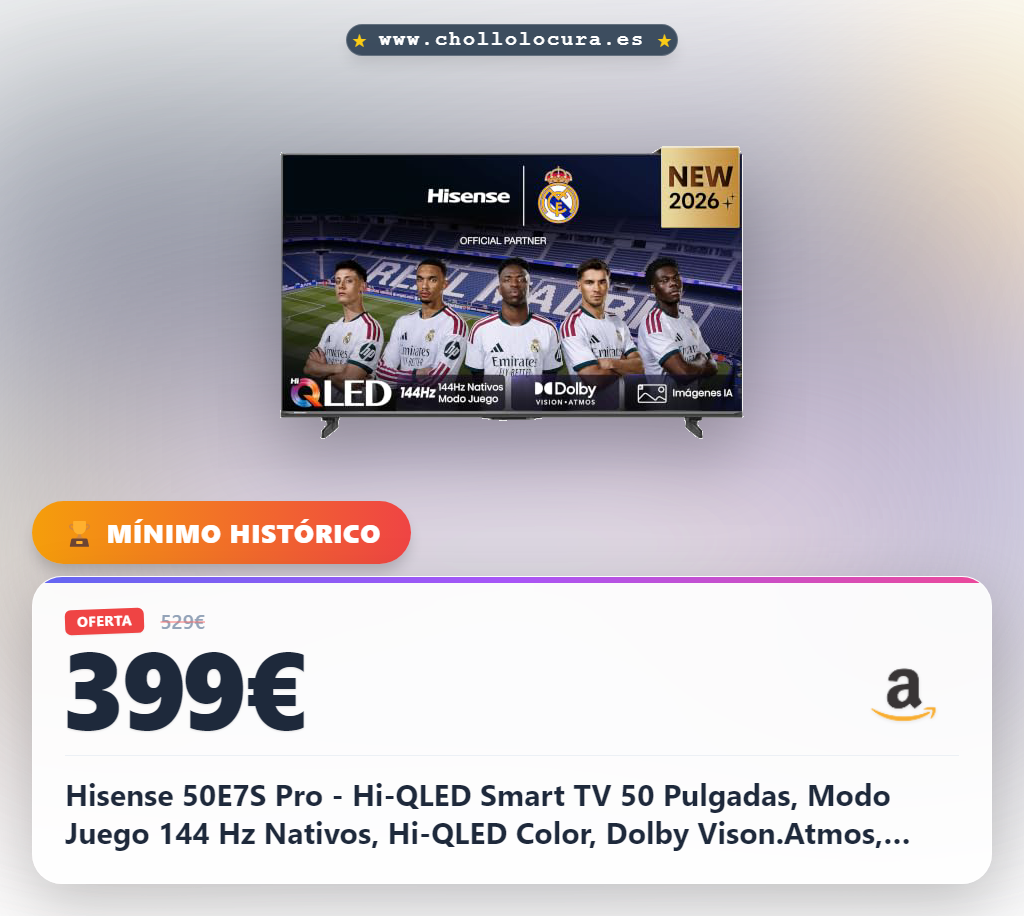 Hisense 50E7S Pro - Hi-QLED Smart TV 50 Pulgadas, Modo Juego 144 Hz Nativos, Hi-QLED Color, Dolby Vison.Atmos, Imágenes IA, Smooth Motion IA, AMD FreeSync Premium Pro, HDR10+Gaming