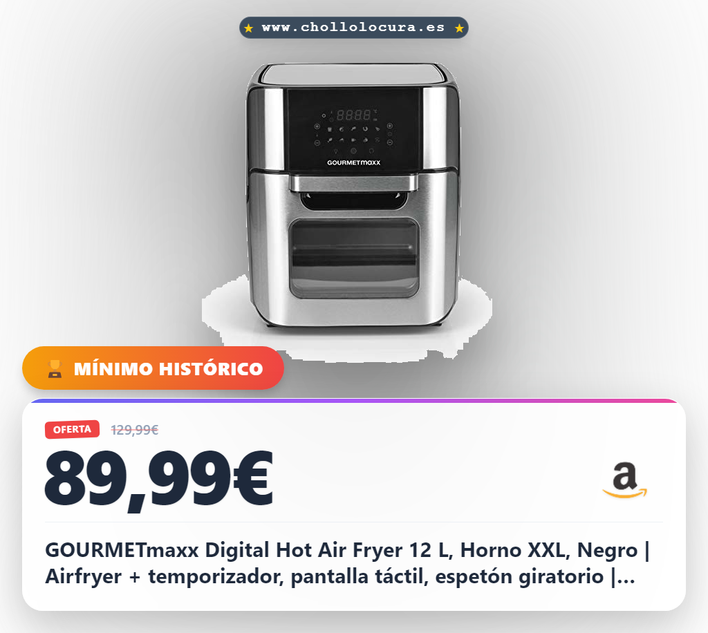 GOURMETmaxx Digital Hot Air Fryer 12 L, Horno XXL, Negro | Airfryer + temporizador, pantalla táctil, espetón giratorio | freír con poca grasa, ahorro de energía | 10 programas incl. pizza | 1800 W