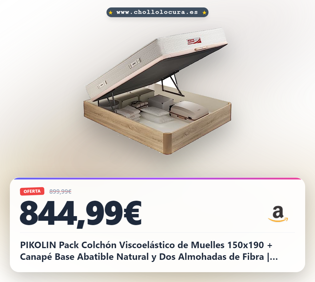 PIKOLIN Pack Colchón Viscoelástico de Muelles 150x190 + Canapé Base Abatible Natural y Dos Almohadas de Fibra | Incluye Subida a Domicilio, Montaje y Retirada de Usado