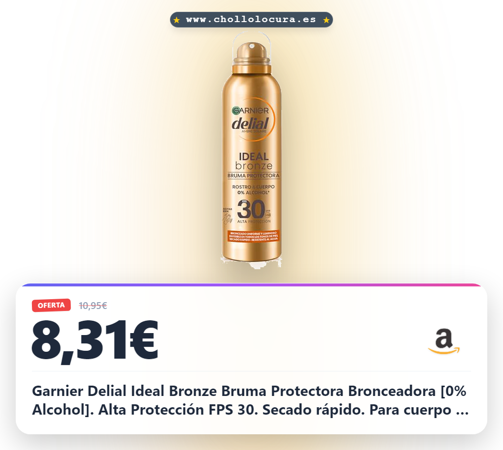 Garnier Delial Ideal Bronze Bruma Protectora Bronceadora [0% Alcohol]. Alta Protección FPS 30. Secado rápido. Para cuerpo y rostro. Invisible para todo tipo de piel. Muy resistente al agua. 150 ml