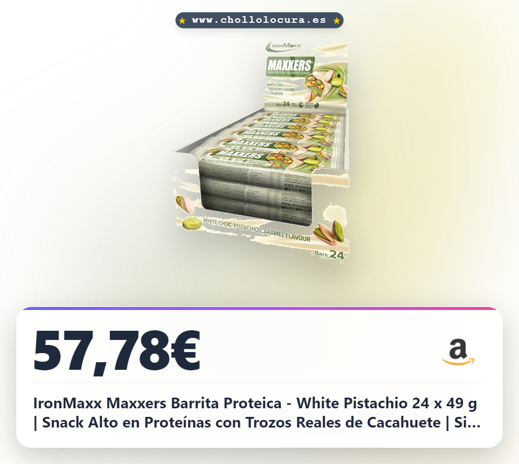 IronMaxx Maxxers Barrita Proteica - White Pistachio 24 x 49 g | Snack Alto en Proteínas con Trozos Reales de Cacahuete | Sin Azúcares Añadidos | Perfecta para Llevar