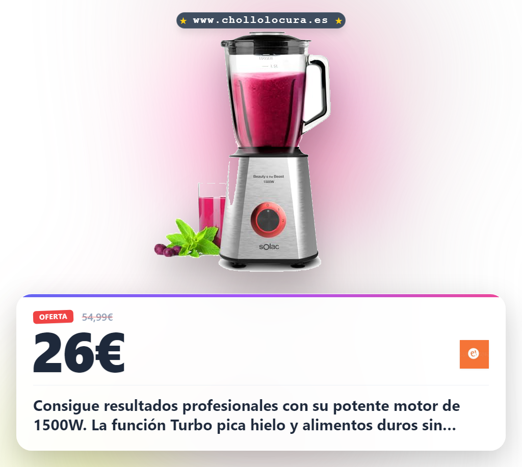 Consigue la batidora Solac 1500W Beauty and the Beast con cuchillas de acero inoxidable y turbo al mejor precio para tus cócteles y batidos.