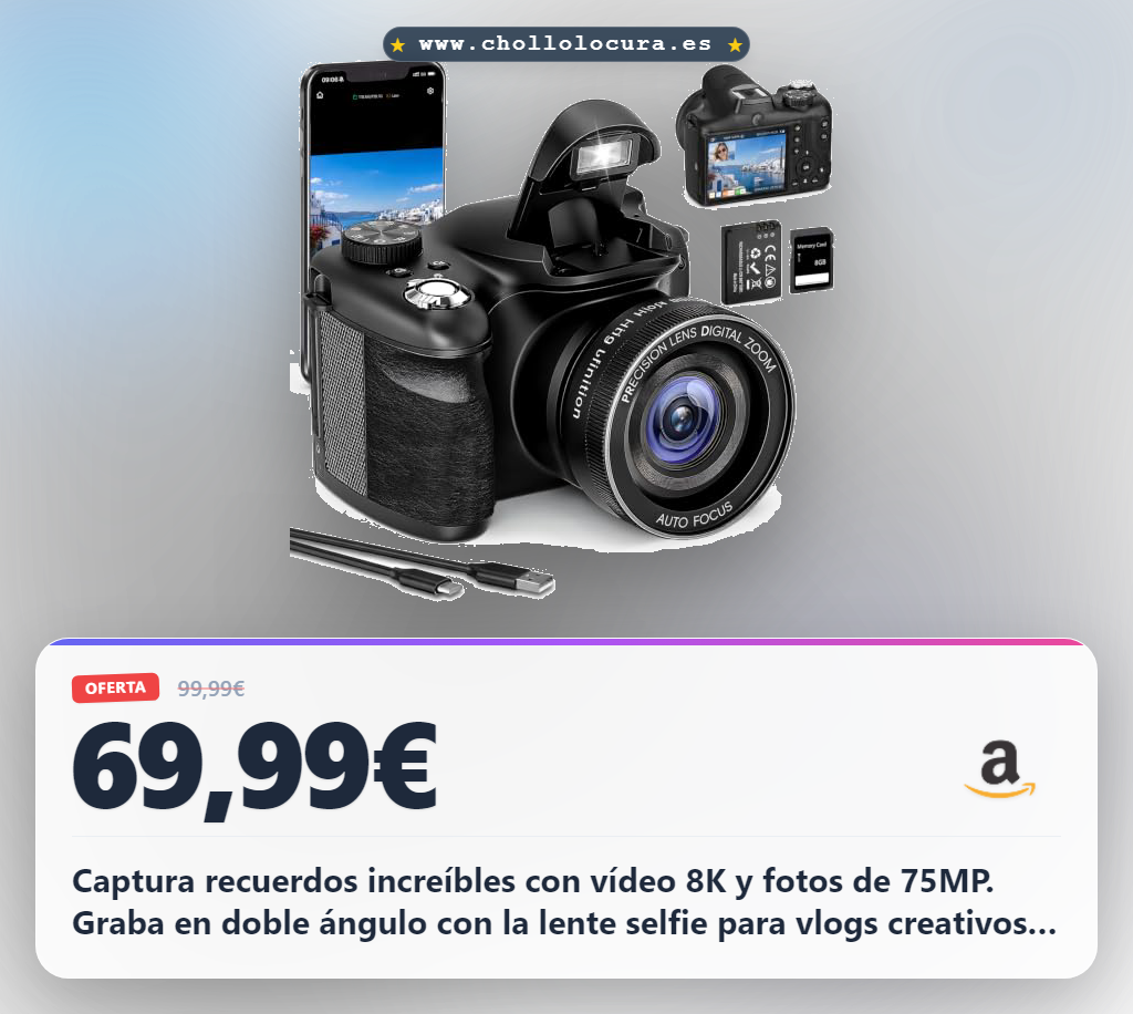Captura recuerdos increíbles con vídeo 8K y fotos de 75MP. Graba en doble ángulo con la lente selfie para vlogs creativos y comparte tus tomas al instante. Con WiFi y modo cámara web, empieza a crear contenido sin complicaciones. Ideal para disfrutar de la fotografía y el vídeo.
