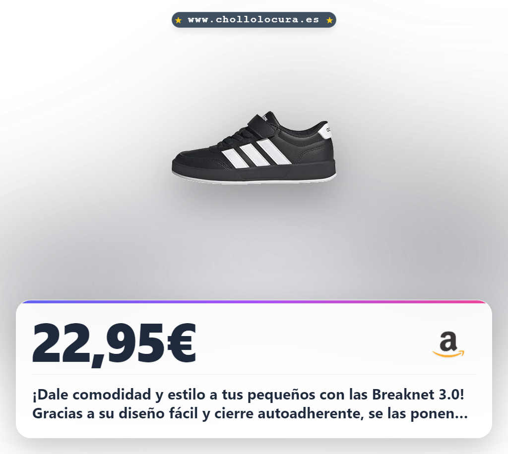 Llévate las zapatillas adidas Breaknet 3.0 para niños Core Black al mejor precio con cierre de velcro y cordones elásticos.