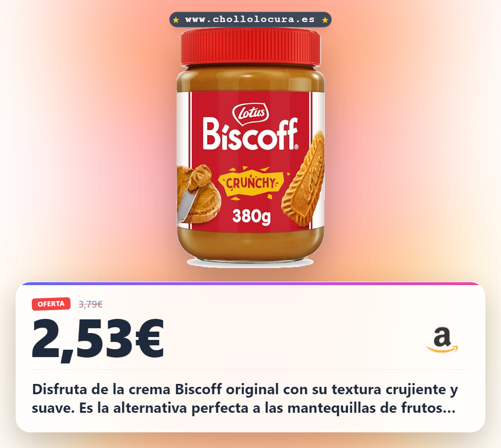 Disfruta la crema Biscoff Lotus crujiente y vegana al mejor precio. Sabor original caramelizado y sin químicos.