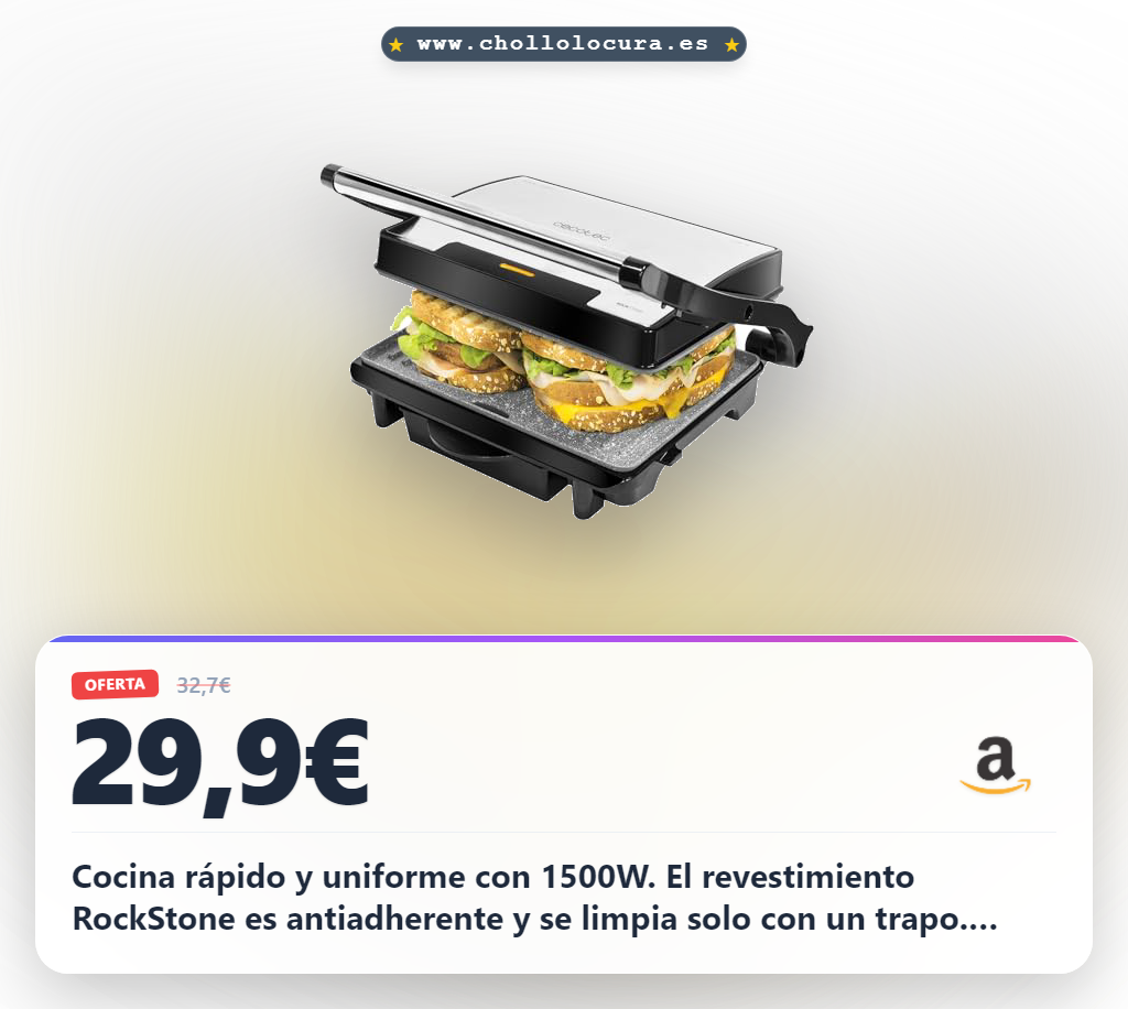 Aprovecha la parrilla eléctrica Cecotec Rock'Ngrill 1500W con revestimiento RockStone antiadherente y limpieza fácil al mejor precio