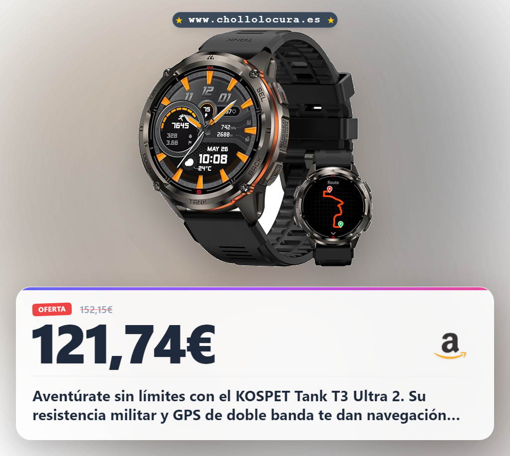 Consigue el reloj inteligente KOSPET Tank T3 Ultra 2 con GPS y resistencia militar IP69K