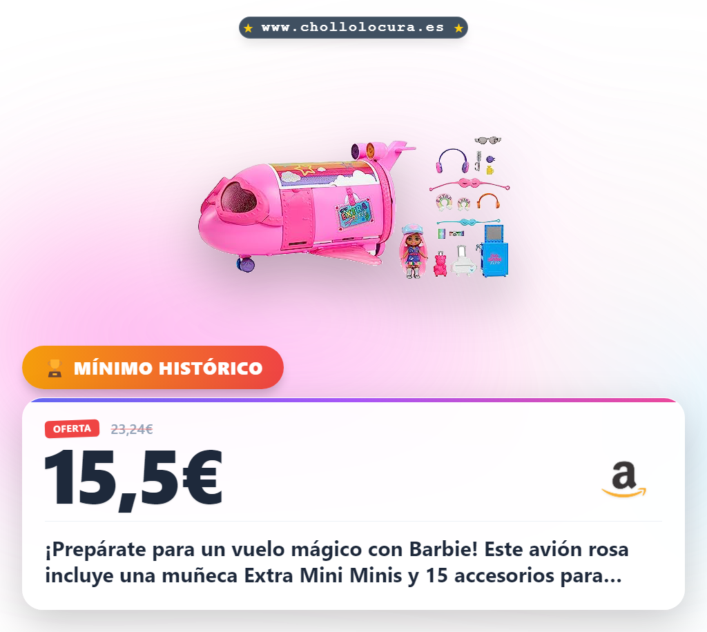 ¡Prepárate para un vuelo mágico con Barbie! Este avión rosa incluye una muñeca Extra Mini Minis y 15 accesorios para aventuras inolvidables. Descubre el mundo de las vacaciones con detalles brillantes y divertidos. ¡La magia del vuelo te espera!