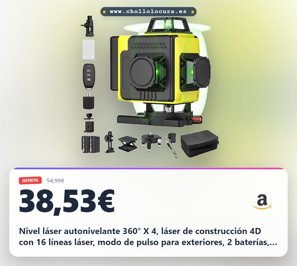 Consigue el nivel láser 360° de construcción con 16 líneas, control remoto y autonivelación para interior y exterior.
