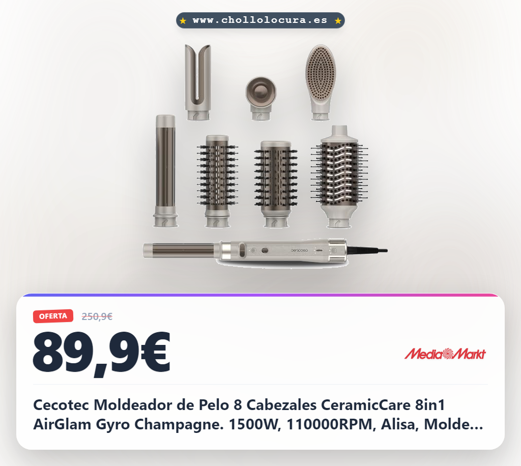 Cecotec Moldeador de Pelo 8 Cabezales CeramicCare 8in1 AirGlam Gyro Champagne. 1500W, 110000RPM, Alisa, Moldea y Riza tu Cabello, Motor Brushless, Función Rotativa, Revestimiento Cerámica y Queratina