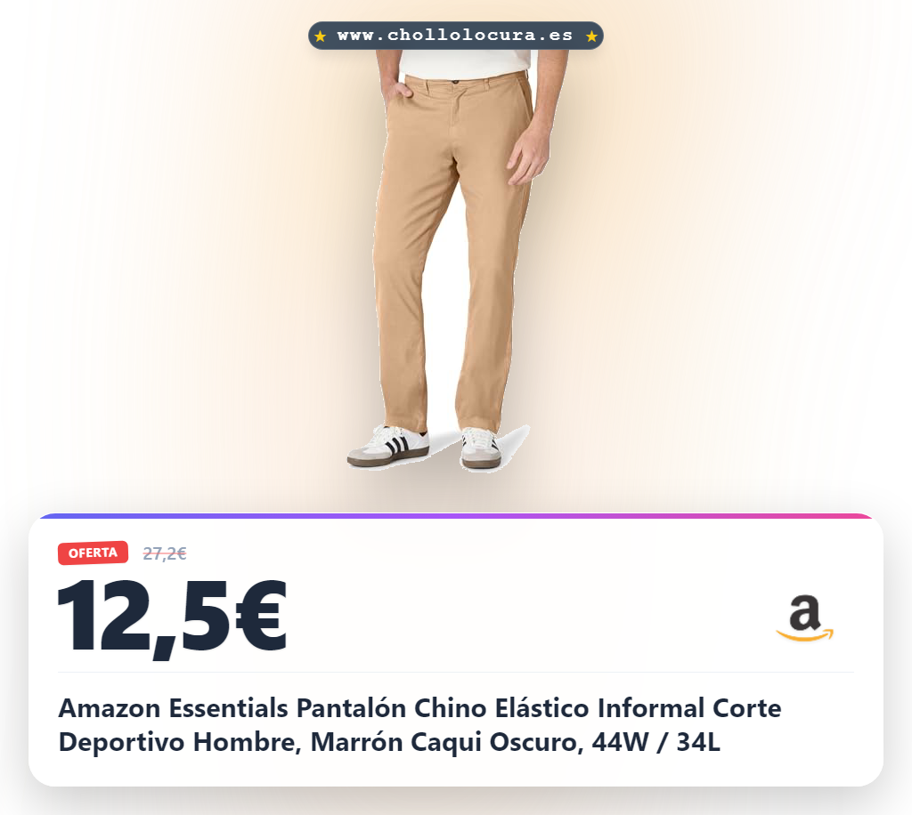 Amazon Essentials Pantalón Chino Elástico Informal Corte Deportivo Hombre, Marrón Caqui Oscuro, 44W / 34L